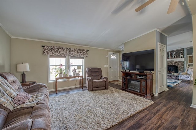 living room featuring ornamental molding, vaulted ceiling, dark wood-type flooring, and a fireplace