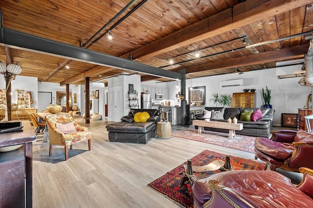 living area featuring track lighting, a wall mounted AC, wooden ceiling, and wood finished floors