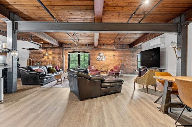 living area featuring an AC wall unit, wooden ceiling, and brick wall