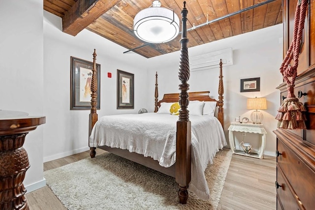 bedroom with wood ceiling, baseboards, and light wood-type flooring