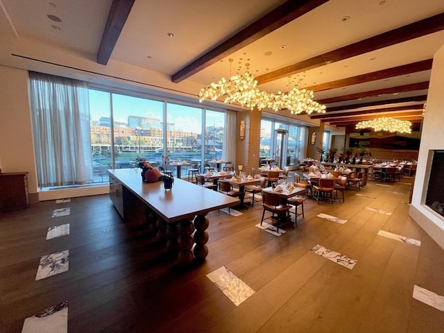 interior space featuring beamed ceiling, a healthy amount of sunlight, and hardwood / wood-style flooring