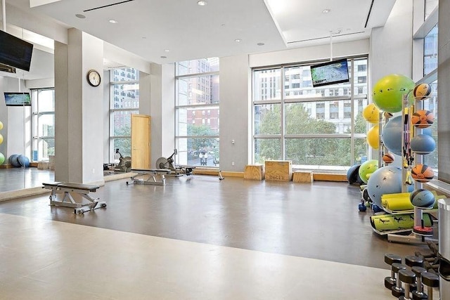 exercise room featuring expansive windows