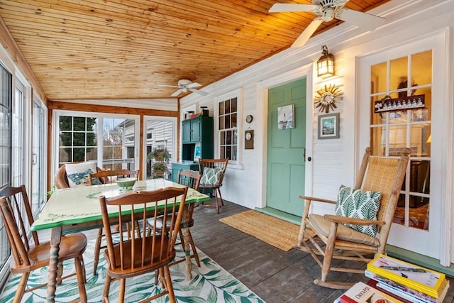 sunroom with ceiling fan, wooden ceiling, and lofted ceiling