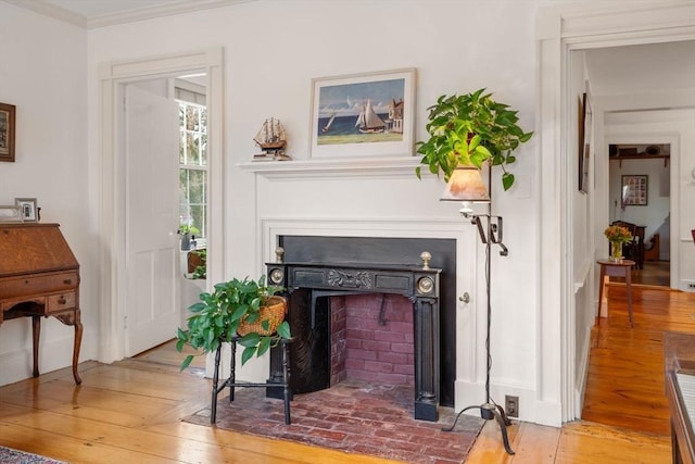 interior space with light hardwood / wood-style floors and crown molding