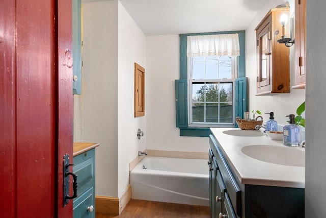 bathroom with a washtub, vanity, and hardwood / wood-style flooring