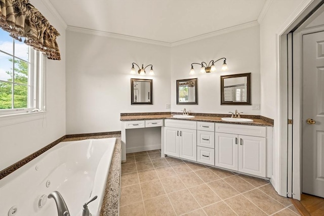 75 Country Way Unit 75, Dartmouth, MA 02748 - full bath with double vanity, ornamental molding, a tub with jets, and tile patterned floors