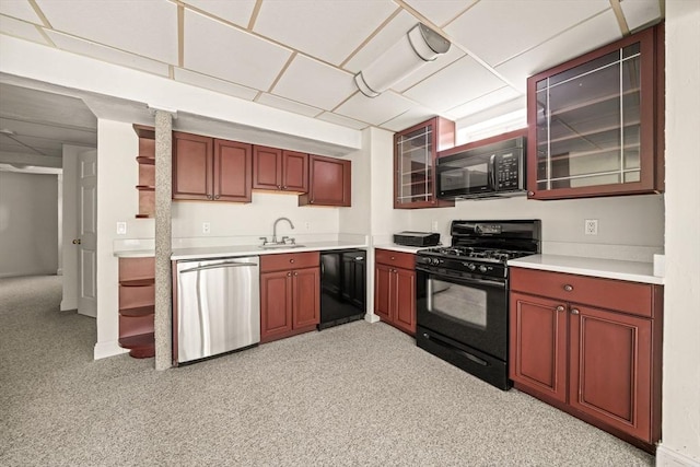 75 Country Way Unit 75, Dartmouth, MA 02748 - kitchen with black appliances, a drop ceiling, light countertops, and glass insert cabinets
