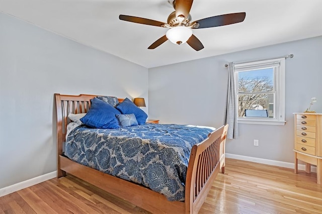 bedroom with light hardwood / wood-style floors and ceiling fan