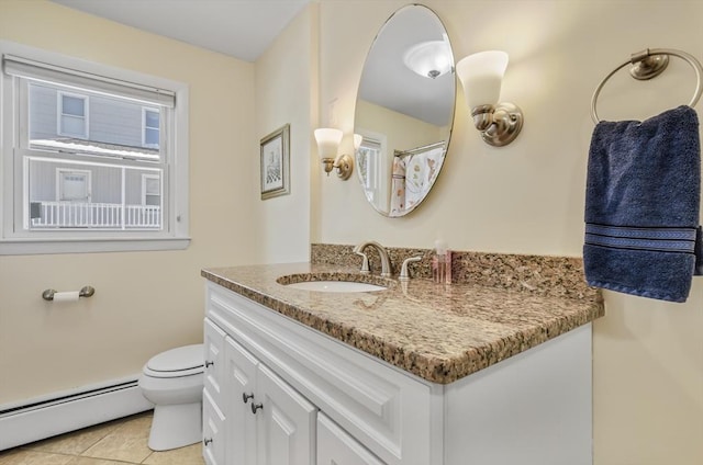 bathroom featuring vanity, toilet, tile patterned floors, and baseboard heating