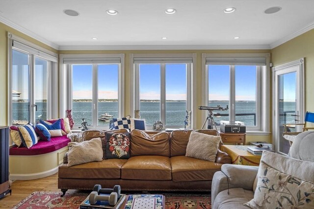 3 Anchorage Ln, Marblehead, MA 01945 - living area featuring crown molding, light wood-type flooring, plenty of natural light, a water view, and recessed lighting