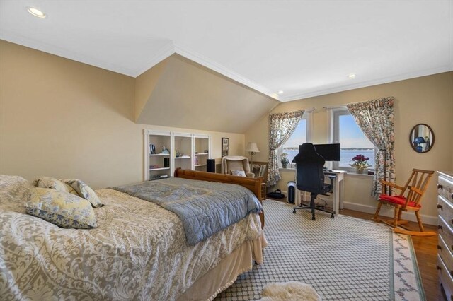 3 Anchorage Ln, Marblehead, MA 01945 - bedroom featuring ornamental molding, a desk, recessed lighting, wood finished floors, and baseboards