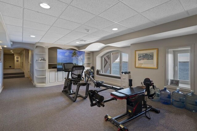 3 Anchorage Ln, Marblehead, MA 01945 - workout area with a paneled ceiling, carpet, baseboards, and recessed lighting