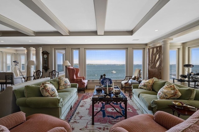 3 Anchorage Ln, Marblehead, MA 01945 - living room featuring ornate columns, beamed ceiling, crown molding, a water view, and wood finished floors