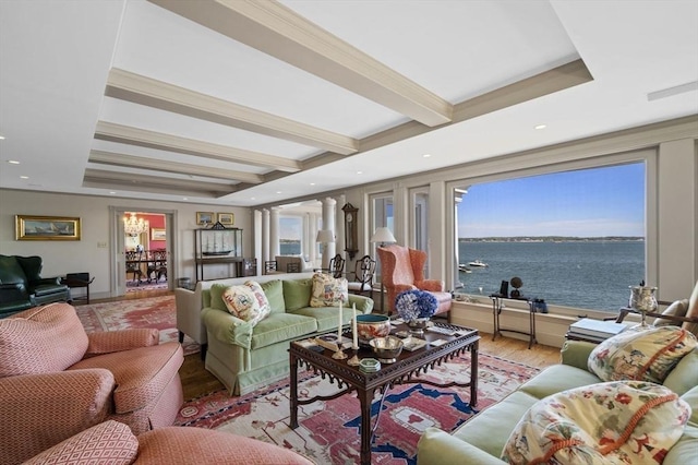 3 Anchorage Ln, Marblehead, MA 01945 - living area with wood finished floors, a water view, beamed ceiling, and recessed lighting