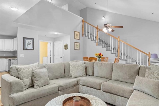 216 Reservoir St Unit 304, Holden, MA 01520 - living room featuring a ceiling fan, high vaulted ceiling, stairway, and beverage cooler
