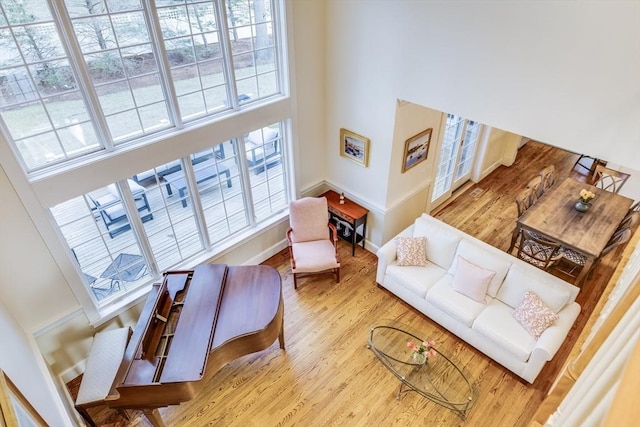 living room featuring a high ceiling, wood finished floors, and baseboards