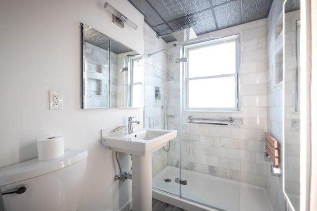 bathroom with toilet and a shower with shower door