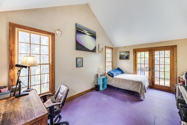 50 Higgins Ln, Wellfleet, MA 02667 - carpeted bedroom featuring french doors, vaulted ceiling, access to exterior, an office area, and multiple windows