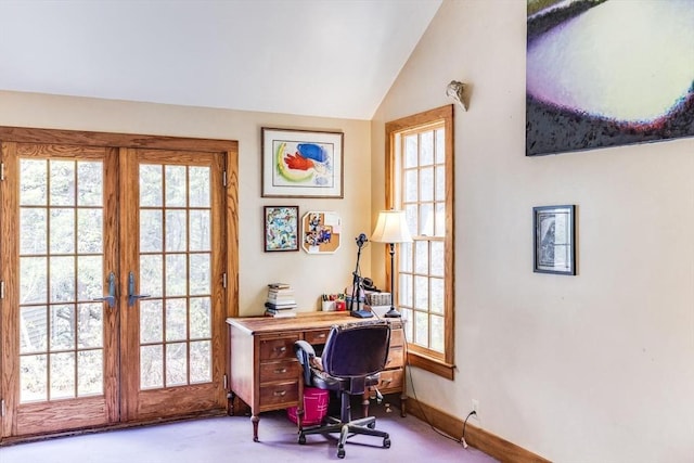 50 Higgins Ln, Wellfleet, MA 02667 - carpeted office space with french doors, plenty of natural light, vaulted ceiling, and baseboards