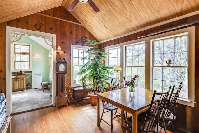 50 Higgins Ln, Wellfleet, MA 02667 - dining area with vaulted ceiling, hardwood / wood-style flooring, ceiling fan, wood ceiling, and wood walls