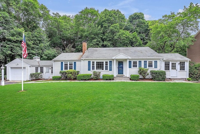209 Brookside Rd, Needham, MA 02492 - ranch-style home featuring an outdoor structure, a front lawn, a chimney, and entry steps