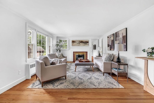 209 Brookside Rd, Needham, MA 02492 - living room featuring radiator heating unit, a brick fireplace, wood finished floors, and crown molding