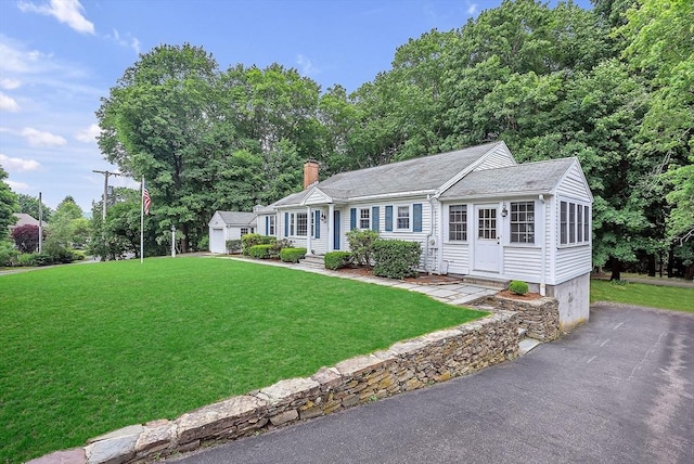 209 Brookside Rd, Needham, MA 02492 - single story home with a chimney, a front yard, driveway, an outdoor structure, and entry steps