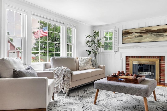 209 Brookside Rd, Needham, MA 02492 - living area with crown molding and a fireplace