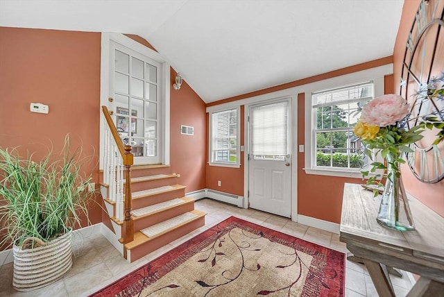 209 Brookside Rd, Needham, MA 02492 - tiled foyer entrance featuring vaulted ceiling, a baseboard radiator, and stairway
