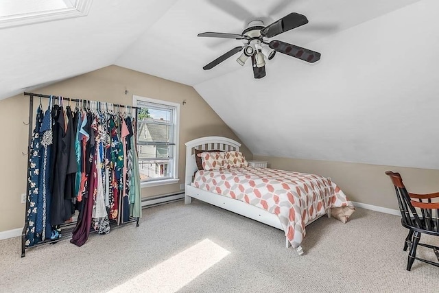 129 Vernon St Unit B, Norwood, MA 02062 - bedroom with lofted ceiling, baseboard heating, a ceiling fan, baseboards, and carpet floors