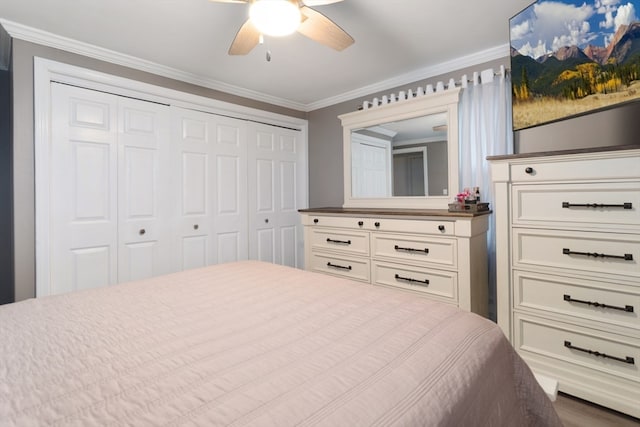 bedroom featuring crown molding, ceiling fan, and a closet