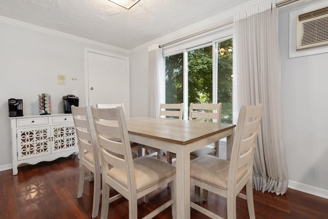 dining area with crown molding, a wall unit AC, dark hardwood / wood-style floors, and a textured ceiling