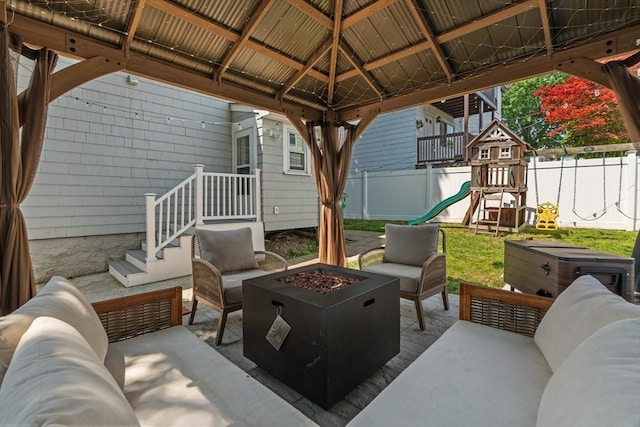 100 Ashland St, Lynn, MA 01905 - view of patio / terrace with an outdoor living space with a fire pit, a gazebo, and a playground