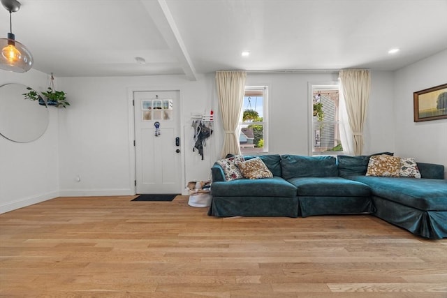 100 Ashland St, Lynn, MA 01905 - living room with light wood-style floors, beam ceiling, and recessed lighting