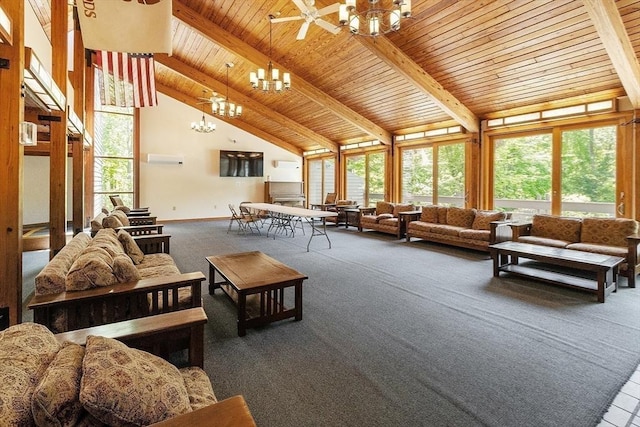 525 Tumbling Hawk Unit 525, Acton, MA 01720 - carpeted living area with a chandelier, healthy amount of natural light, high vaulted ceiling, and wooden ceiling with exposed beams