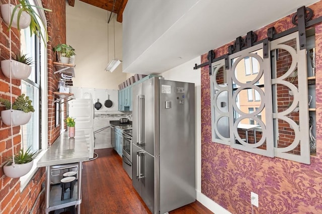 kitchen with dark wood-type flooring, open shelves, and appliances with stainless steel finishes