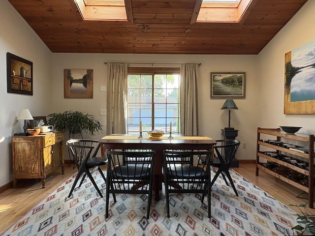 351-355 Main St Unit G, Easthampton, MA 01027 - dining space featuring a skylight, wooden ceiling, light wood-style flooring, and lofted ceiling