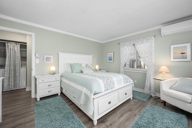 bedroom with crown molding, an AC wall unit, baseboards, and dark wood-style floors