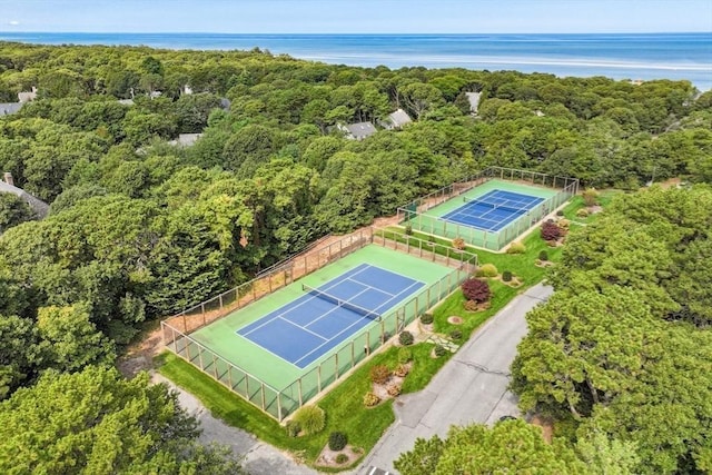 bird's eye view with a water view and a forest view