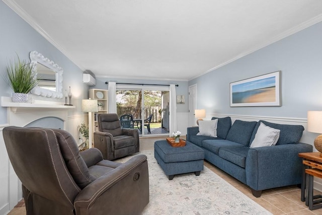 living room featuring crown molding, tile patterned flooring, and a wainscoted wall