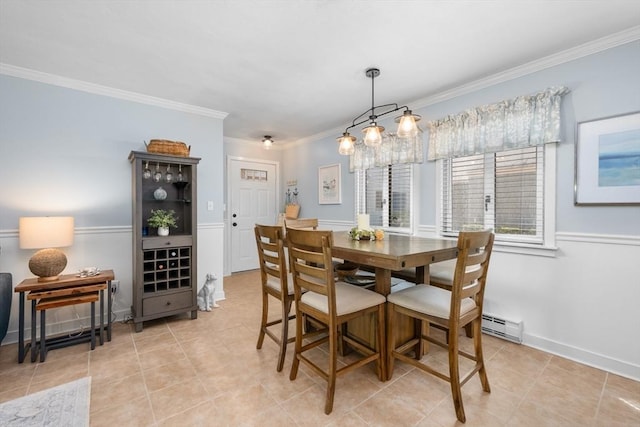 dining room featuring crown molding, a baseboard radiator, baseboards, and light tile patterned floors