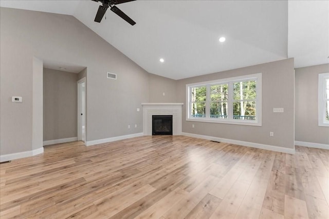 6 Nicols Way Unit 6, Easthampton, MA 01027 - unfurnished living room featuring ceiling fan, healthy amount of natural light, light wood-type flooring, recessed lighting, and high vaulted ceiling