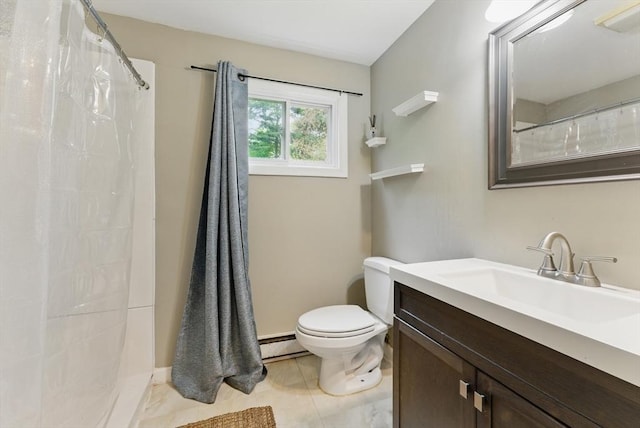 215 Pine Acre Rd, Springfield, MA 01129 - bathroom featuring toilet, a baseboard heating unit, vanity, and a shower with curtain