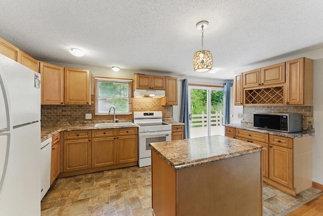 215 Pine Acre Rd, Springfield, MA 01129 - kitchen featuring white appliances, under cabinet range hood, a sink, decorative backsplash, and light stone counters