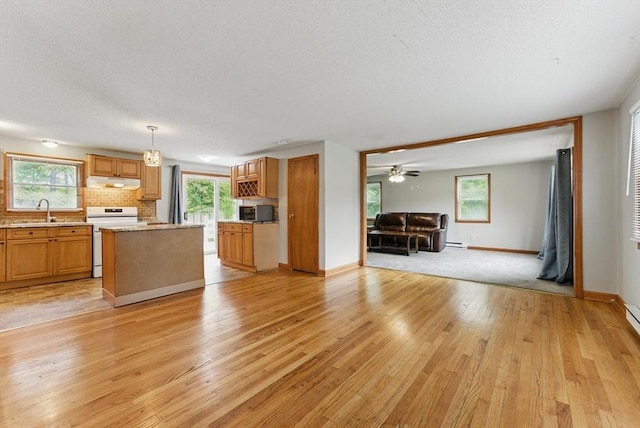 215 Pine Acre Rd, Springfield, MA 01129 - kitchen featuring white electric stove, under cabinet range hood, open floor plan, a sink, and light wood-style floors