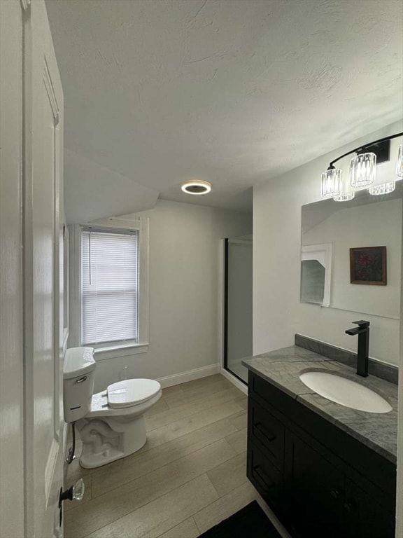 bathroom with vanity, wood-type flooring, toilet, and an enclosed shower