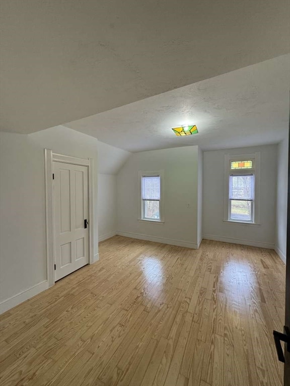 additional living space with a healthy amount of sunlight, vaulted ceiling, and light wood-type flooring