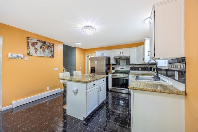 68 Ice Pond Dr, Northampton, MA 01062 - kitchen with appliances with stainless steel finishes, a sink, under cabinet range hood, a baseboard heating unit, and white cabinets