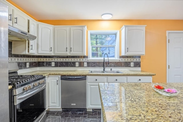 68 Ice Pond Dr, Northampton, MA 01062 - kitchen featuring stainless steel appliances, under cabinet range hood, a sink, white cabinets, and dark marble finish flooring