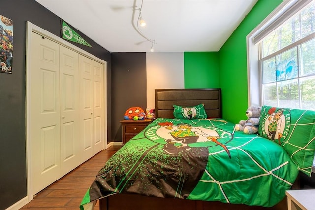 68 Ice Pond Dr, Northampton, MA 01062 - bedroom featuring wood finished floors, rail lighting, a closet, and baseboards
